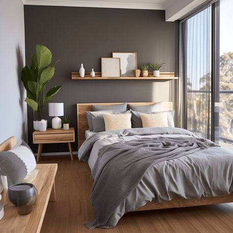 Modern Bedroom Masculine, Grey And Wood Bedroom, Grey And Wood Bedroom Ideas, Rectangle Bedroom Ideas, Grey Bedding Ideas, Couples Bedroom Decor Ideas, Bedroom Decor Master For Couples, Monte Roraima, Rectangle Bedroom