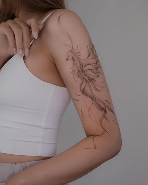 Pheonix Tattoo For Women Simple, Phoenix Upper Arm Tattoo, Floral Phoenix Tattoo, Ornamental Phoenix Tattoo, Phönix Tattoo Women Arm, Phoenix Tattoo On Arm, Phoenix Tattoo Arm For Women, Fine Line Pheonix Tattoo For Women, Fineline Phoenix Tattoo