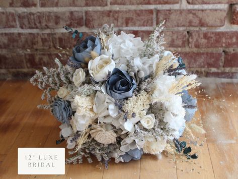 LILAH COLLECTION ~ Steel Blue and White Sola Wood Flower Bridal Bouquet ~ Hydrangea ~ Dusty Blue ~ Lavender~ Wedding ~ Preserved Eucalyptus Dusty Blue Eucalyptus Wedding Flowers, Dusty Blue Arbor Flowers, Dusty Blue Bridal Bouquet Real Flowers, Dusty Blue Cascading Bouquet, Dusty Blue Dried Flowers, Bouquet Hydrangea, Flower Colouring In, Flower Wedding Bouquet, Non Perishable