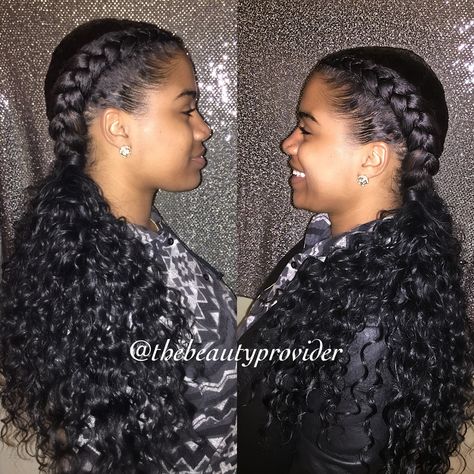 Feed in braids with curly weave Two French Braids With Curly Ends, French Braids With Curls At The End, Two Braids Curly Ends, French Braids With Curly Ends, French Braids With Weave, Long French Braids, Braids With Curly Weave, 2024 Braids, Two Braids Hairstyle Black Women