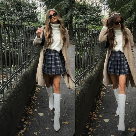 White boots and turtleneck with a cute skirt and beige trenchcoat Beige Peacoat, Cute Skirt, White Boots, Work Looks, Cute Skirts, Fall Looks, Work Fashion, Long Coat, Trench Coat