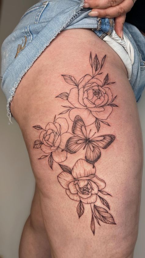 Carley Grace Tattoos | Floral butterfly thigh tattoo 🦋 Thank you Dawn for the full creative freedom! 🥹🤍 #tattoo #tattoos #thightattoo #flowers #floraltattoo #b… | Instagram Butterfly Leg Sleeve, Thigh Tattoo Flowers, Thigh Flower Tattoo, Tattoos Thigh, Freedom Tattoo, Butterfly Thigh Tattoo, Tattoos Floral, Butterfly Legs, Grace Tattoos