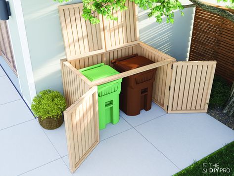 Recycling Indoor Storage, Garbage Bin Enclosure Diy, Garbage Recycling Storage Outdoor, Trash Can Storage Outdoor Ideas, Diy Trash Can Storage Outdoor Simple, Hide Trash Cans Outside Diy, Trashcan Enclosure, Outdoor Garbage Can Hideaway, Garbage Fence