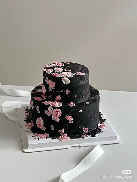 Black Pink Cake, Black And Pink Cake, Pink And Black Cake, 2 Tier Birthday Cake, Cherry Blossom Cake, Tiered Cakes Birthday, Vintage Birthday Cakes, Unique Birthday Cakes, Black Cake