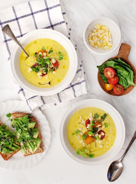 Sweet Corn Gazpacho Corn Gazpacho, Carrot Coconut Soup, Chilled Soup Recipes, Cold Soup Recipes, Cold Soups, Fruit Soup, Gazpacho Recipe, Chilled Soup, Summer Soup