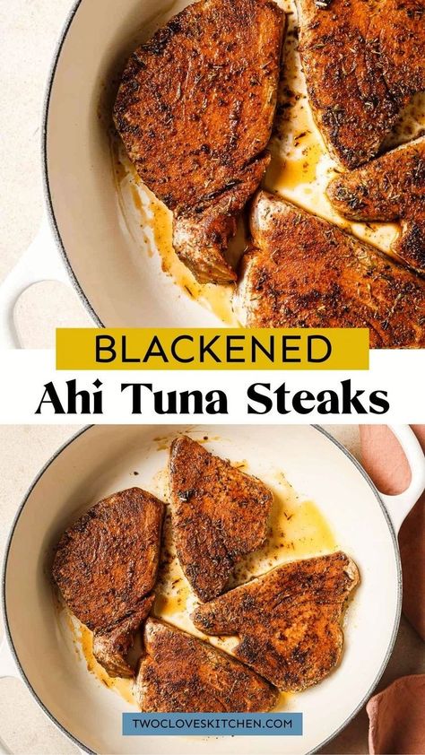 Simple blackened ahi tuna steaks for a delicious fall dinner. These flavorful blackened ahi tuna steaks are marinated in a smoky spice blend and seared to perfection, combining bold spices with tender ahi tuna for a delicious meal. The best blackened ahi tuna steak pan seared in cast iron skillet or frying pan. Add this to your main dish recipe or fall dinner recipes for weeknight treat or delicious dinner idea for a special occasion. How To Make Ahi Tuna, Ahi Tuna Steak Dinner, Pan Seared Ahi Tuna Steak, Blackened Ahi Tuna Steak Recipe, Ahi Tuna Recipe Seared, Seared Tuna Steak Recipes, Steak Pan Seared, Blackened Ahi Tuna, Dinner Recipes Seafood