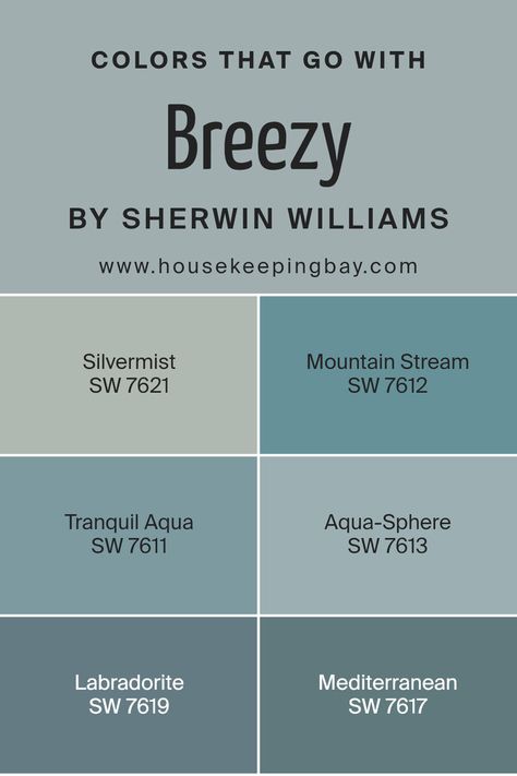 Colors that Go With Breezy SW 7616 by Sherwin Williams Sw Blue Paint Colors, Sherwin Williams Coordinating Colors, Compatible Colors, Blues And Neutrals, Trim Colors, Mood Colors, Blue Paint Colors, Bedroom Paint Colors, Overall Aesthetic