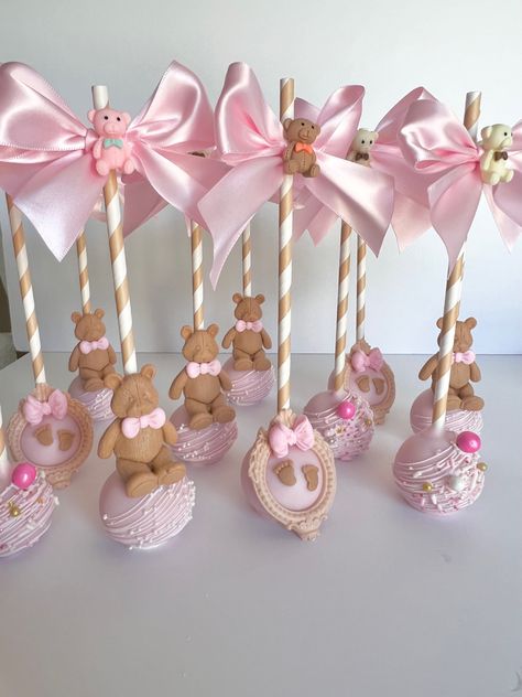 Teddy Bear Theme Cake Pops, Pink Teddy Bear Cake Pops, Pink Teddy Bear Centerpieces, Teddy Bear Treats, Teddy Bear Cake Pops, Gender Reveal Treats, Baby Shower Cakepops, Bear Cake Pops, Elegant Cake Pops