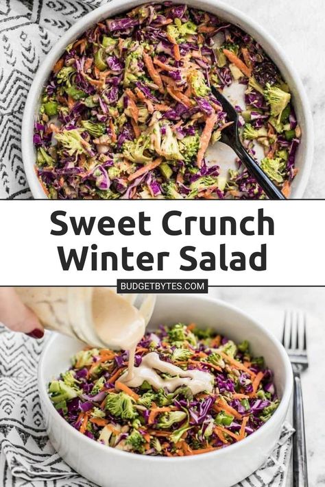 When fresh vegetables are in short supply, make this Sweet Crunch Winter Salad packed full of winter vegetables and a homemade Maple Tahini Dressing. Pop over to our site for the recipe! | salad recipes | side dishes | winter recipes | Maple Tahini Dressing, Recipes Side Dishes, Cold Side Dishes, Best Salads Ever, Warm Salad Recipes, Winter Lunch, Winter Salad Recipes, Chopped Salad Recipes, Recipe Salad