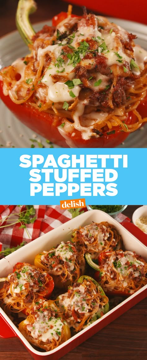 Spaghetti Stuffed Peppers will feed your entire family. Get the recipe at Delish.com. #recipe #easyrecipe #dinner #spaghetti #pasta #noodles #peppers #bellpeppers #tomato #cheese #mozzarella #parmesan #redwine #dinnerrecipes #dinnertime #familydinner #meat #groundbeef Stuffed Bell Pepper Pasta, Spaghetti Stuffed Peppers, Stuffed Peppers With Marinara Sauce, Pasta Stuffed Peppers, Tomato And Cheese, Peppers Recipes, Stuffed Green Peppers, How To Cook Pasta, Casserole Recipes