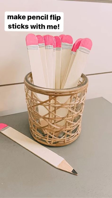 Teacher Pointer Stick, Classroom Pointers Diy, Pencil Popsicle Sticks, Teacher Pointer Stick Diy, Pick Sticks Classroom, Classroom Popsicle Sticks, Name Picker Classroom, Student Name Sticks, Flip Sticks Classroom