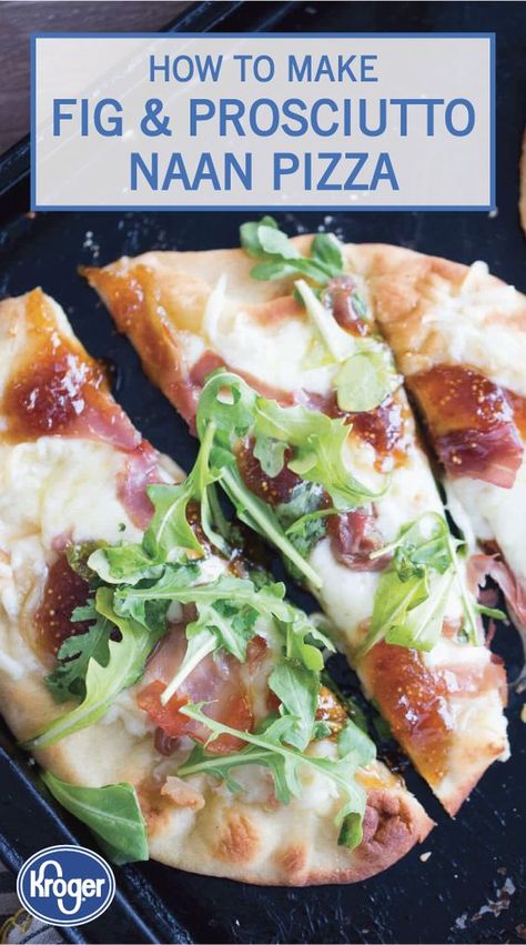 This Fig and Prosciutto Naan Pizza is salty, sweet, and oh so delicious. Top chewy pieces of naan bread with garlic, olive oil, fontina cheese, fig jam, prosciutto, and arugula to create a delicious dish that could be served as an easy appetizer or a light dinner. Click here to see the full recipe. Prosciutto Naan Pizza, Prosciutto And Fig Flatbread, Prosciutto On Pizza, Fig And Brie Flatbread, Fig And Brie Pizza, Fig Jam Flatbread, Naan Bread Pizza With Prosciutto, Flatbread Fig Prosciutto, Flatbread Pizza Recipes Prosciutto