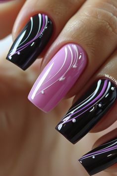 Fuschia Nails Gel, Hot Pink And Black Nails, Fuschia Nails, Long Nail Designs Square, Pink And Black Nails, Casket Nails, Pink Black Nails, Purple Gel Nails, Christmas Nails Diy