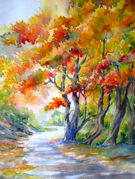 Fall Landscape Watercolor, Fall Trees Watercolor Paintings, Autumn Watercolor Landscapes, Watercolor Autumn Trees, Autumn Watercolor Paintings, Autumn Watercolor, Autumnal Watercolour Painting, Fall Watercolor Paintings, Autumn Art Painting Watercolour