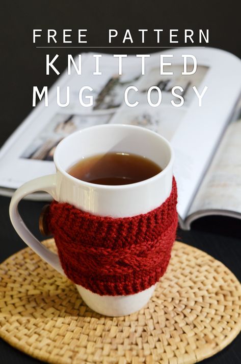 DIY braided cable mug cosy (with free pattern) - Crafting Fingers Knit Coffee Cozy Pattern, Knit Cup Cozy, Knit Coffee Cozy, Coffee Cozy Pattern, Mug Cosy, Braided Pattern, Drink Cozies, Coffee Cup Cozy, Diy Braids