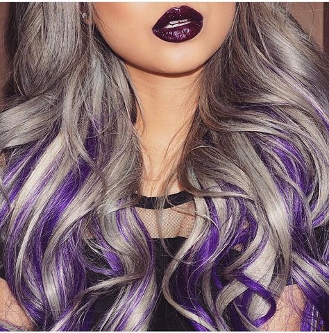 Sliver and purple, not a fan of silver hair but this is just too awesome Purple Silver Hair Ombre, Gray And Purple Hair, Grey And Purple Hair, Silver And Purple Hair, Purple And Silver Hair, Grey Hair With Purple Highlights, Grey Purple Hair, Purple Gray Hair, Silver Purple Hair