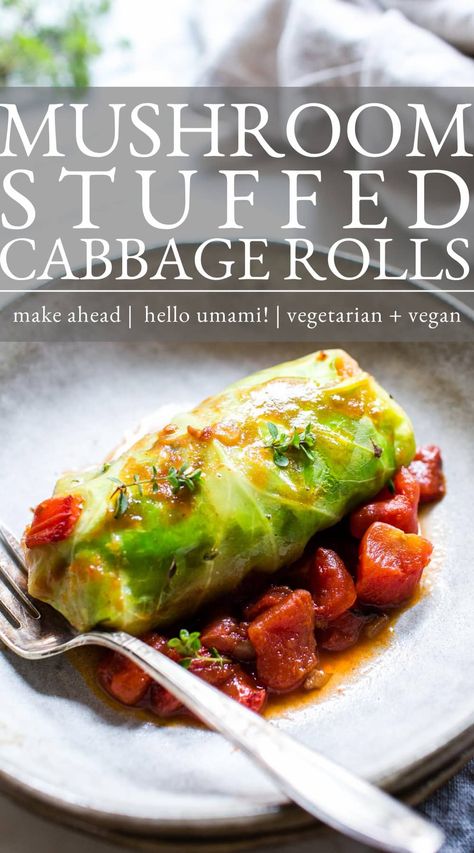 Packed with mushrooms, lentils, and brown rice and simmered in a tomato sauce, these vegetarian cabbage rolls are umami filled and make a hearty main. This veggie stuffed cabbage roll recipe is make ahead ready and is vegetarian and vegan! Vegetarian Stuffed Cabbage Recipes, Cabbage Mushroom Recipes, Veggie Cabbage Rolls, Lentils And Brown Rice, Salad Week, Vegetarian Cabbage Rolls, Cabbage Roll Recipe, Vegan Cabbage Rolls, Meatless Dishes