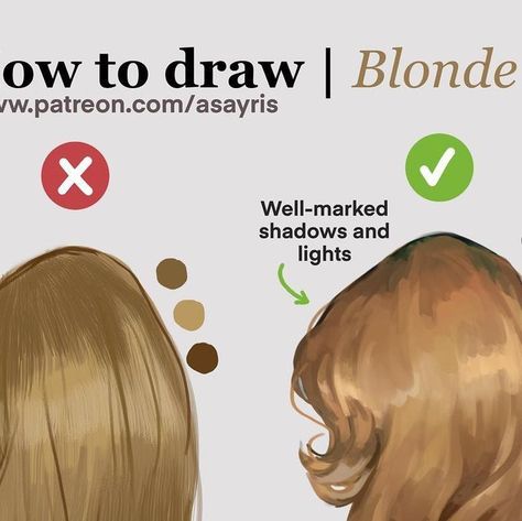 Asayris on Instagram: "Avoid drawing blonde hair from this form ‼️ On my Patreon you will find a step-by-step written tutorial in which I show you how to draw the hair on the right 👉🏻✅ #arttutorial #sketch #dovsdont #drawing #drawingskills #photoshop #anatomyart #digitalart" #photoshop #photoshoptutorial #photoshoptips #photoshoptricks #photoshopideas #photoshopeffects #photoshopdigitalbackground #photoshopshortcut #photoshopstyles Digital Art Blonde Hair, Blond Hair Reference Drawing, How To Draw Hair Color, Blonde Hair Drawing Reference, Blonde Hair Reference Art, Blonde Hair Tutorial Drawing, How To Color Blonde Hair Drawing, How To Paint Blonde Hair, Coloring Hair Drawing