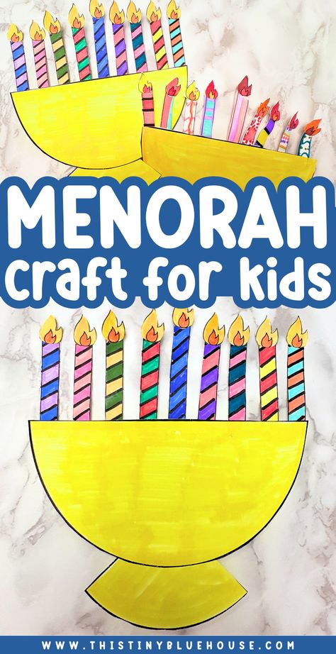 This easy Menorah craft is a fun Hanukkah craft for young children 4 years of age and older.   All you'll need is our free printable template, colors, glue and scissors. Hanukkah Arts And Crafts, Hannukah Art Preschool, Menorah Crafts For Toddlers, Menorah Art For Kids, Hanukkah Arts And Crafts For Kids, Easy Hanukkah Crafts For Kids, Hanukkah Crafts Kindergarten, Hanukkah Menorah Crafts For Kids, Hannukah Crafts Toddlers