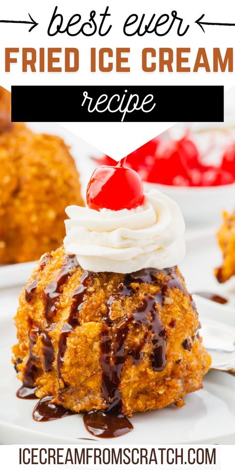 A ball of ice cream that has a golden, crispy outside drizzled with chocolate syrup and topped with a swirl of whipped cream and a maraschino cherry. Fries Ice Cream Recipe, Air Fry Fried Ice Cream, Best Fried Ice Cream Recipe, How To Make Ice Cream Bars, Fried I E Cream, Fry Ice Cream Recipes, Keto Fried Ice Cream, Homemade Fried Ice Cream, Not Fried Chicken Ice Cream