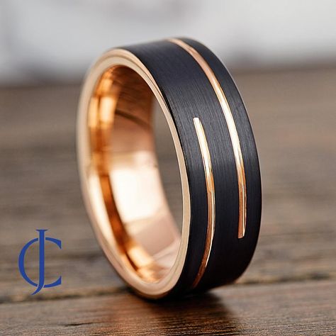 Mens Promise Ring, Rose Gold Mens Wedding Band, Rose Gold Tungsten Ring, Male Wedding, Rose Gold Tungsten, Promise Rings For Guys, Barrel Rings, Black Tungsten Rings, Mens Engagement