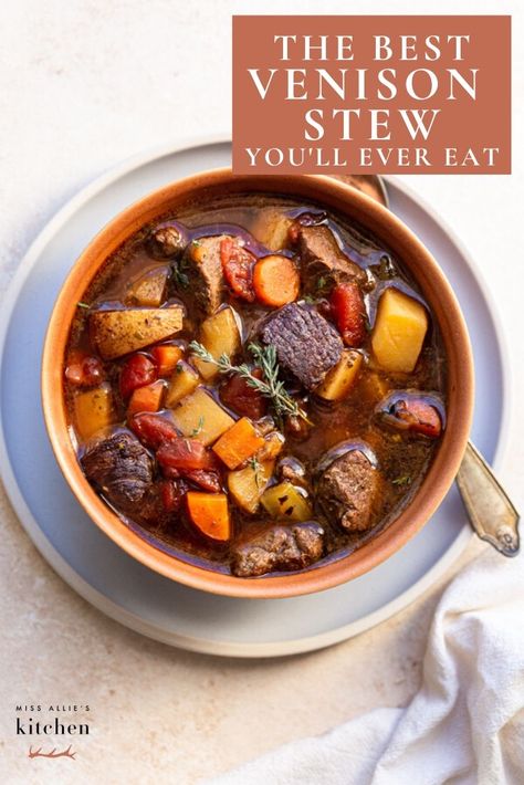 This scratch-made venison stew is packed full of veggies and simple ingredients. The deer meat in this is fall-apart tender. This stovetop version is delicious and exactly what you want simmering away on the stove. Oh and it's gluten free, dairy free, paleo, Whole30 friendly. #venisonrecipes #deermeat #venisonstew #glutenfreerecipes #dairyfreerecipes #paleo #whole30 Venison Stew Meat Recipes, Deer Stew, Cooking Venison, Venison Stew, Deer Recipes, Stew Meat Recipes, Deer Meat Recipes, Deer Meat, Stove Top Recipes