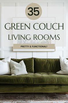 Green Couches Living Room Ideas, Green Mid Century Living Room, Living Rooms With Green Sofas, Olive Sofa Living Room Ideas, Olive Green Sofa Living Room Ideas, Dark Green Couch Living Room Ideas, Green Sofa Aesthetic, Olive Green Couch Living Room Ideas, Light Green Couch