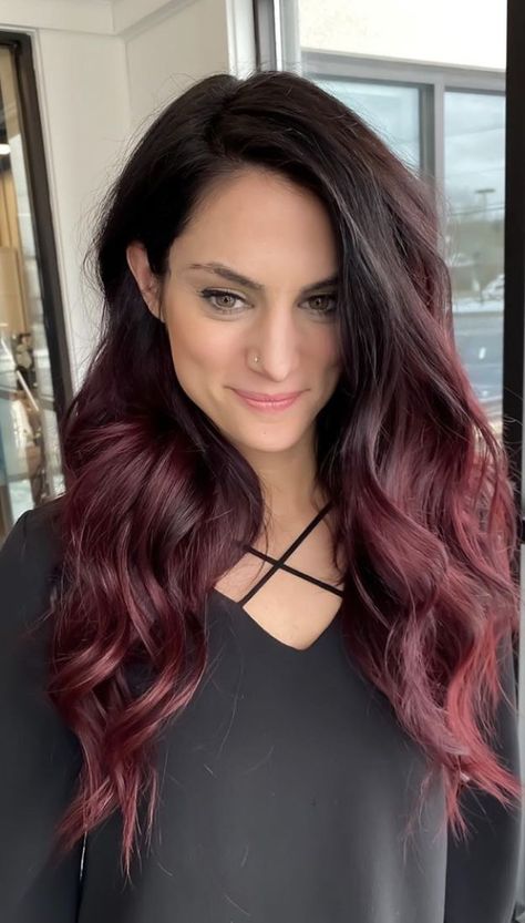 Brown And Burgundy Hair Balayage, Brown To Maroon Ombre Hair, Black And Maroon Hair Peekaboo, Deep Red Balayage Hair Brunettes, Cherry Wine Hair Color Balayage, Ombre Dark Red Hair, Merlot Balayage Hair, Wine Red Ombre Hair, Dark Red Bayalage Hair