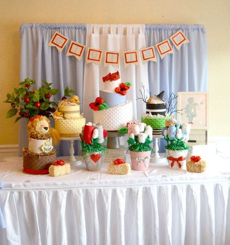 Modern Wizard of Oz Baby Shower | CatchMyParty.com Rainbow Theme Baby Shower Ideas, Rainbow Theme Baby Shower, Theme Baby Shower Ideas, Baby Shower Party Ideas, Shower Party Ideas, Rainbow Theme, Nursery Baby Room, The Good Witch, Baby Slippers