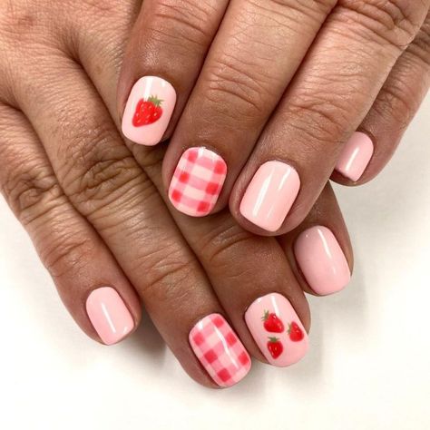 Nail Ideas No Design, Berry Nails Design, Baby Pink Nail Ideas, Gingham Nails, Pink Nail Ideas, Berry Nails, Fruit Nails, Sunset Nails, Baby Pink Nails