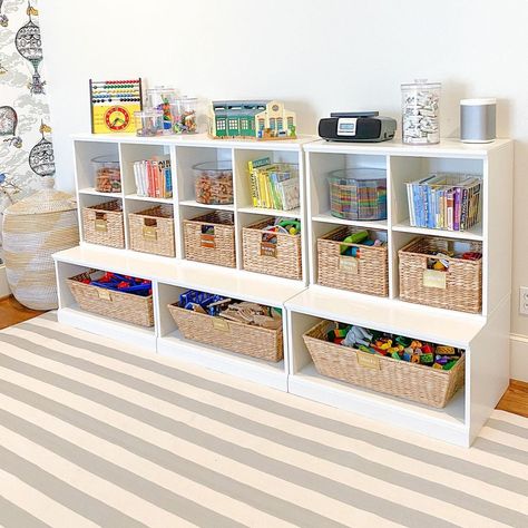 Best Playroom Organization, Kid Playroom Organization, Diy Toy Shelves, Kids Open Shelf Storage, Ikea Kids Toy Shelf, Playeoom Storage, How To Organize Dolls In Playroom, Toys Storage Ideas, Playroom Shelf