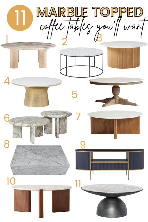 Marble home decor is an easy way to add old world charm to your space. These marble topped coffee tables are so chic, I want them all. I also include a more affordable option that looks so good, you'll never believe the price. Click the link to head to the post and see all of the options. Marble Nesting Tables, Marble Home Decor, Marble Coffee Tables, Marble Top Coffee Table, Marble Home, New York Loft, Fruit Bowls, Top Furniture, Marble Coffee Table