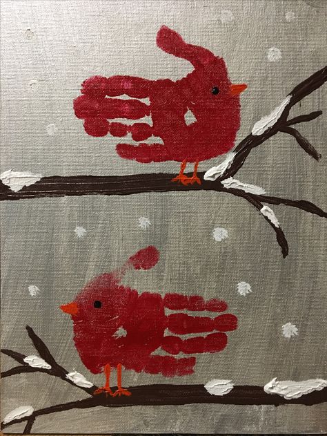 Hand Print Cardinals, Cardinal Footprint Craft, Deer Handprint Craft, Xmas Handprint Crafts, Bird Handprint Art, Cardinal Handprint Craft Kids, Cardinal Handprint Craft, Handprint Cardinal, Hand Painting Kids