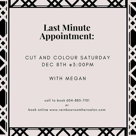 Megan had a last minute cancellation and now has an opening for tomorrow at 3:00pm.  Call us to book!  #rainbowroomhairsalon #sunshiencoastbc Rainbow Room, Hair Stylists, Sunshine Coast, The Spot, Cut And Color, Books Online, Last Minute, And Now, Hair Salon