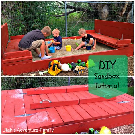 This sandbox is awesome with benches that turn into the cover!  Step-by-step tutorial on how to build it.  From Utah's Adventure Family Sandbox Ideas, Backyard Sandbox, Diy Sandbox, Utah Adventures, Outdoor Play Area, Outdoor Stuff, Backyard Play, Backyard Playground, Kids Diy