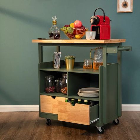 Winston Porter Hedvige 31.5'' Wide Rolling Kitchen Island | Wayfair Kitchen Prep Station, Kitchen Carts On Wheels, Mobile Kitchen Island, Side Quest, Kitchen Colour, Rolling Kitchen Cart, Kitchen Island On Wheels, Rolling Kitchen Island, Kitchen Island Cart