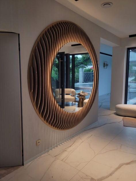 Unique Mirror Design, Lobby Mirror Design, Parametric Interior Design Living Rooms, Parametric Wall Art, Parametric Wall Design Interiors, Cnc Mirror, Wood Mirror Wall, Cnc Mirror Frame Design, Click Bank