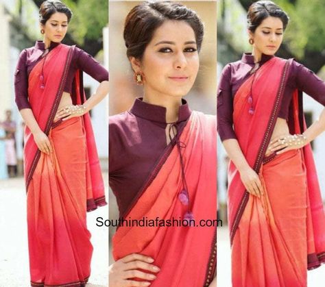 Rashi Khanna in Shruti Sancheti 600x531 Stand Collar Blouse Designs For Saree, Collar Blouse Designs For Saree, Collar Blouse Designs, Rani Rashmoni, Shaded Saree, Choli Blouse Design, Raashi Khanna, Rashi Khanna, Stand Collar Blouse