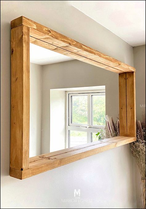 Diy Wood Mirror Frame, Rustic Mirror Frame, Wood Mirror Bathroom, Shelf Mirror, Shelf Frame, Horizontal Mirrors, Freestanding Mirrors, Bathroom Mirror Frame, Wooden Mirror Frame