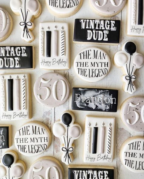 Cookie Ideas For 50th Birthday, Bourbon Royal Icing Cookies, Cookies 70th Birthday, Mens Surprise Party Ideas, Cookies For 70th Birthday, 80th Birthday Cookies For Grandma, 60 Cookies Birthday, Man Birthday Cookies Decorated, Male Birthday Cookies Decorated