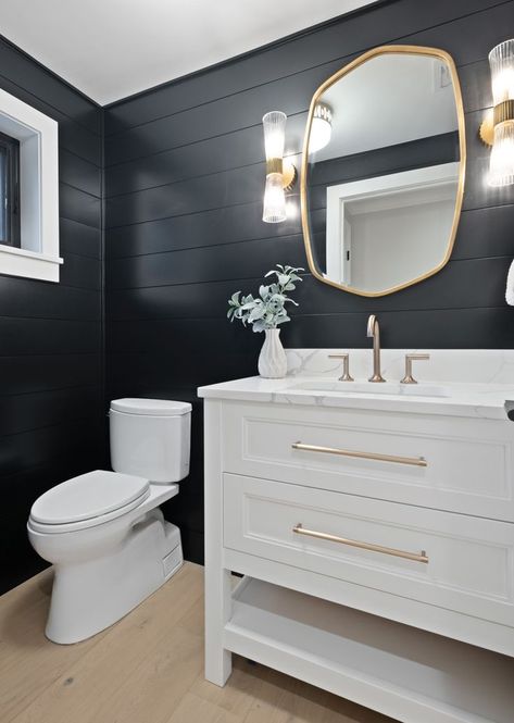 Farmhouse Powder Room, Black Shiplap, Mirror And Sconces, Light Oak Floors, Powder Room Ideas, Shiplap Bathroom, Shiplap Walls, Dark Bathrooms, Cottage Lighting