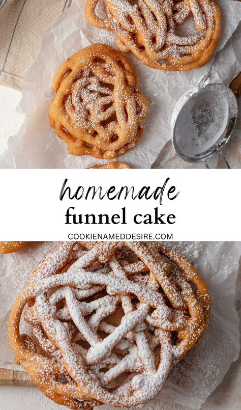 funnel cake topped with powdered sugar on parchment paper Baking Traybakes, Funnel Cake Recipe Easy, Homemade Funnel Cake, Funnel Cake Recipe, Sallys Baking, Funnel Cakes, Pbs Food, Fair Food, Funnel Cake