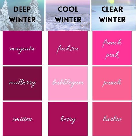 THE PERFECT pink 🩷🩷 Comment “SCG” to find the perfect pink for your season. 🌷Spring pinks are warm, light, and bright 🌞Summer pinks are cool, light, and muted 🍁Autumn pinks are warm, deep, and soft ❄️Winter pinks are cool, dark, and bright Comment “SCG” to learn more about your perfect pink. #pink #pinkpinkpink #pinkaesthetic #pinkfashion #pinkstyle #clearspring #clearwinter #brightspring #brightwinter #warmspring #truespring #warmautumn #trueautumn #lightspring #lightsummer #coolsummer #... Star Ethereal, Color Analysis Winter, Bright Winter Outfits, True Winter Color Palette, Winter Skin Tone, Muted Autumn, Cool Winter Color Palette, Deep Winter Palette, Deep Winter Colors