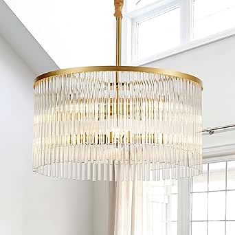 TACDANDM 20.47" Round Glass Chandeliers Dining Room Gold Modern Glass Chandelier 8-Lights for Living Room Kitchen Island Entryway Foyer Stairway UL Listed Drum Light Fixture with Crystals Chandelier For Entryway, Glass Chandelier Dining Room, Drum Light Fixture, Tube Chandelier, Chandeliers Dining Room, Gold Pendant Light, Glass Chandeliers, Glass Ceiling Light, Drum Light