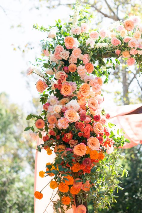 Coral And Red Wedding Flowers, Flower Archway Wedding, Beachy Floral Wedding, Coral Red Wedding Theme, Orange And Coral Wedding, Wedding Florals Orange, Coral And Orange Wedding, Pink And Orange Flowers Wedding, Light Orange Wedding Flowers