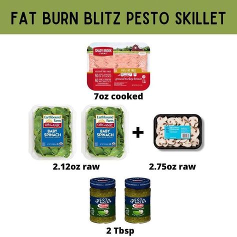 Directions: Cook 99% lean ground turkey. Remove from skillet. Add sliced mushrooms and cook until softened. Add spinach and sautéed until wilted. Add pesto and stir cooked Turkey back in until incorporated.

Makes 1 LEANEST, 3 GREEN, and 2 HEALTHY FAT. Optavia Fat Burn Blitz, Food Log Printable, Optavia Recipes, Green Meals, Green Recipes, Lean And Green Meals, Food Log, Greens Recipe, Baby Spinach