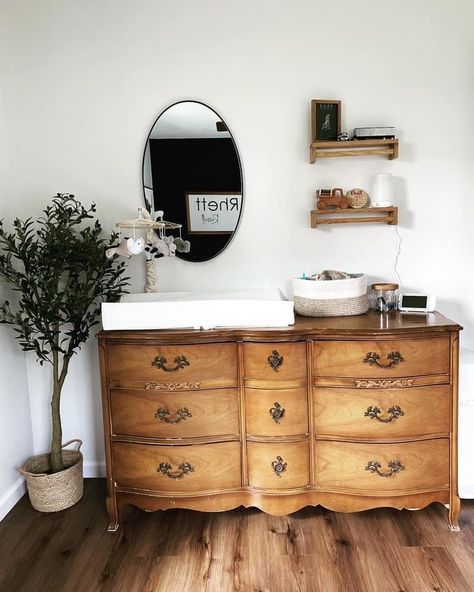 Vintage Nursery Changing Table, Antique Dresser As Changing Table, Vintage Dressers Nursery, Antique Dresser For Nursery, Dresser Turned Changing Table, Old Dresser Changing Table, Vintage Baby Dresser, Nursery Antique Dresser, Wooden Dresser Nursery