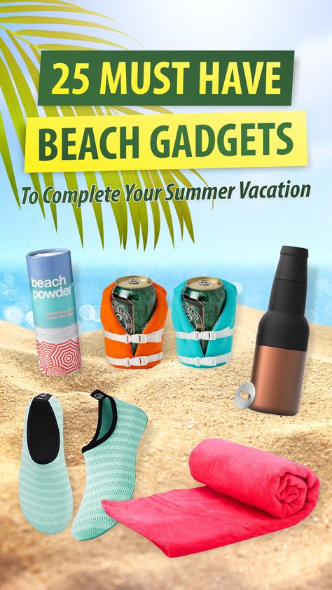 From much needed beach towels to the unthinkable but actually useful gadgets, the following is the list of beach gear for the ultimate beach getaway. #beachgadgets #beachgadgetsaccessoriessummer #beachgadgetsparty #beachgadgetssummer #coolbeachgadgets #bestbeachgadgets #newbeachgadgets Beach Gadgets Accessories, Beach Gear Must Have, Summer Gadgets, Beach Gadgets, Cheap Gadgets, Useful Gadgets, Summer Beach Towels, Travel Security, Beach Items