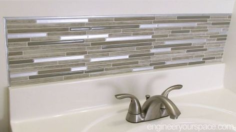 Diy Bathroom Backsplash, Bathroom Remodel Budget, Budget Bathroom Ideas, Diy Tile Backsplash, Mirror Upgrade, Bathroom Ideas Remodel, Tiles Backsplash, Above The Sink, Budget Bathroom Remodel