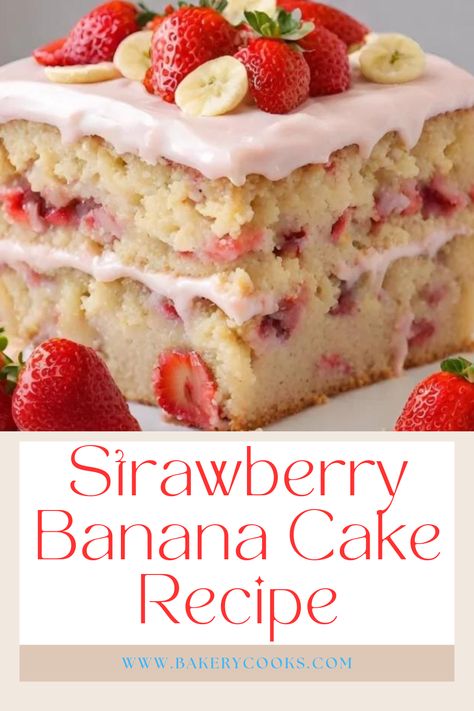 Indulge in the delightful fusion of flavors with our Strawberry Banana Cake Recipe. Moist and tender, this cake combines the sweetness of ripe bananas with the tartness of fresh strawberries. Perfect for any occasion, it's a slice of fruity bliss in every bite. Strawberry Banana Bundt Cake, Strawberry Banana Shortcake, Banana Bliss Cake, Strawberry And Banana Cake, Icing For Banana Cake, Strawberry Banana Pudding Cake, Banana And Strawberry Recipes, Strawberry And Banana Dessert, Strawberry Banana Cake Recipe